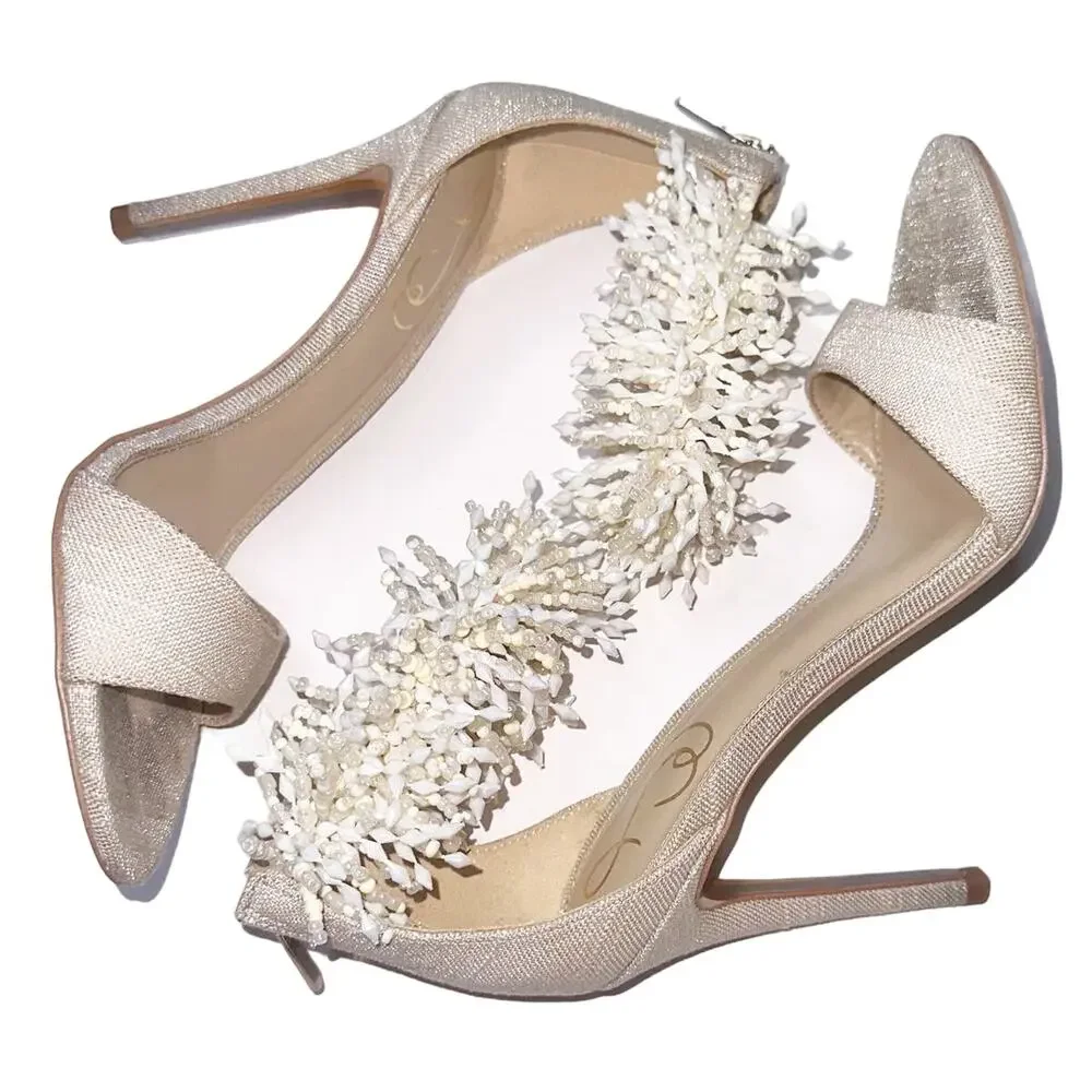 Sam Edelman Gillie Sand Linen Stilettos Open Toe Heels Beaded Size 7.5, 4'' Heel - Picture 2 of 13